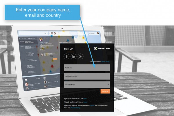 Enter your company's name, email and country